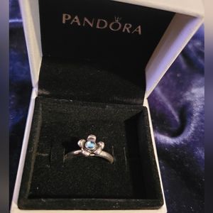 Retired Pandora Blue Topaz 14ct Gold halo ring-7.5